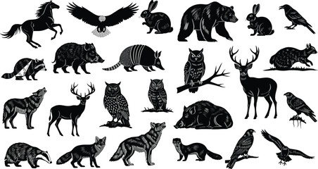 Naklejka premium North American wildlife animal silhouette set featuring diverse species for nature, forest, hunting, conservation, and outdoor adventure design concepts