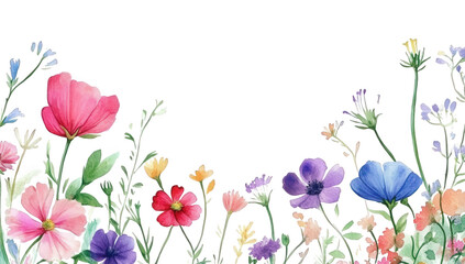 Watercolor floral border with wildflowers isolated on transparent background