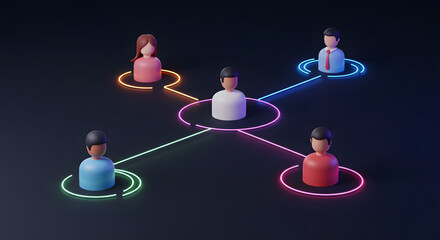 Connected People Network: Digital Collaboration and Social Media Connection with Abstract 3D Render of Diverse Characters Networking and Communicating for