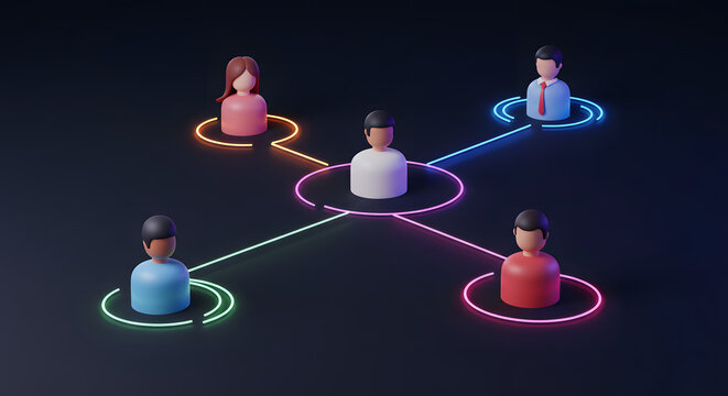 Connected People Network: Digital Collaboration and Social Media Connection with Abstract 3D Render of Diverse Characters Networking and Communicating for