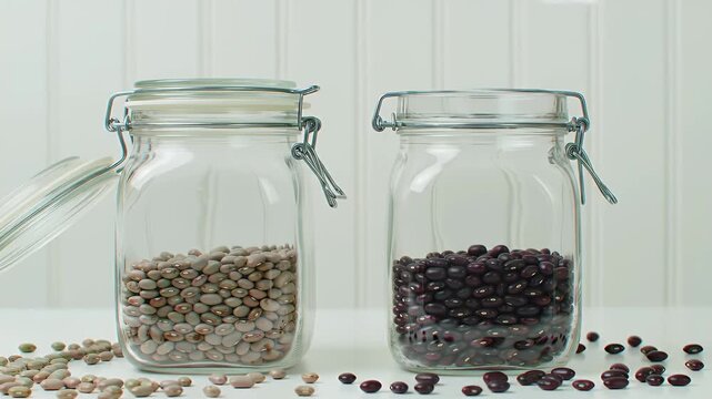 Filling Glass Jars with Beans Brown and Red Beans Filling into Clear Glass Jars on White Table Surface Against Light Wood Paneling Wall with Natural Soft Lighting Clean Presentation 322