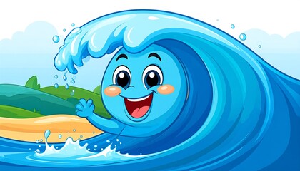Cartoon blue blob on a wave