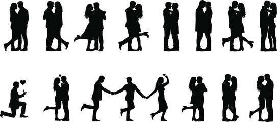 Romantic couple silhouette poses in black vector art, love and relationship scenes including proposal, kissing, hugging, holding hands, affectionate moments