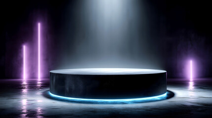 Neon - Lit Circular Display Podium With Smoky Dark Background, Futuristic Style For Product Display And Stage Design