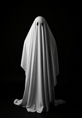 A classic white ghost costume with black eyes against a dark background