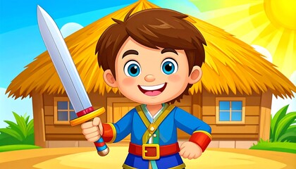 A smiling boy with a sword in front of a straw hut