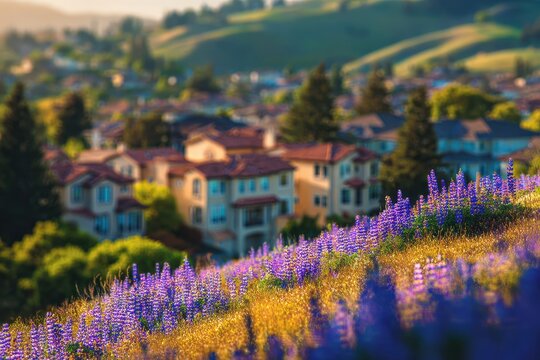 Blurred Neighborhood. City Landscape with Rolling Hills and Lupine Field in San Ramon, California