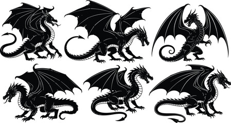 Set of six fantasy dragon silhouettes with wings and tails in various poses for mythology, tattoo, and decorative vector art