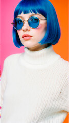 Vibrant Portrait of Woman Wearing Blue Sunglasses and Sweater