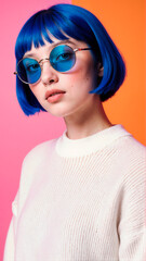 Vibrant Portrait of Woman Wearing Blue Sunglasses and Sweater