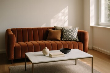 Modern rust-colored sofa with tufted design, patterned cushions and marble coffee table