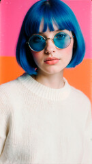Vibrant Portrait of Woman Wearing Blue Sunglasses and Sweater