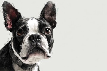 Fototapeta premium Boston Terrier White Background. Adorable Puppy Dog in a Minimalistic Setting