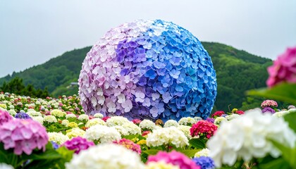 Vibrant spherical hydrangea amidst a field of flowers