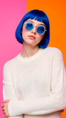 Vibrant Portrait of Woman Wearing Blue Sunglasses and Sweater