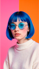 Vibrant Portrait of Woman Wearing Blue Sunglasses and Sweater