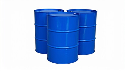 Three upright blue metal industrial barrels with reinforced ribs, side‑by‑side on plain background