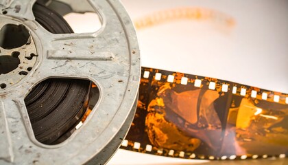 Aged film reel and roll of movie film