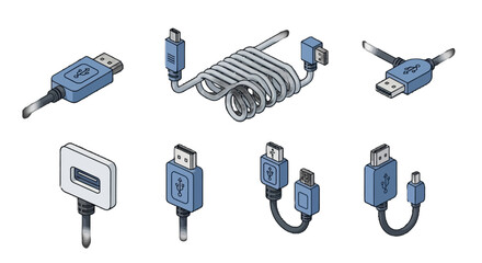 Blue USB Connectors and Cables Vector Set with Various Shapes and Connection Types