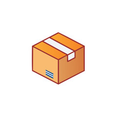 Obraz premium Orange shipping carton with white tape and blue stripes depicted in isometric perspective