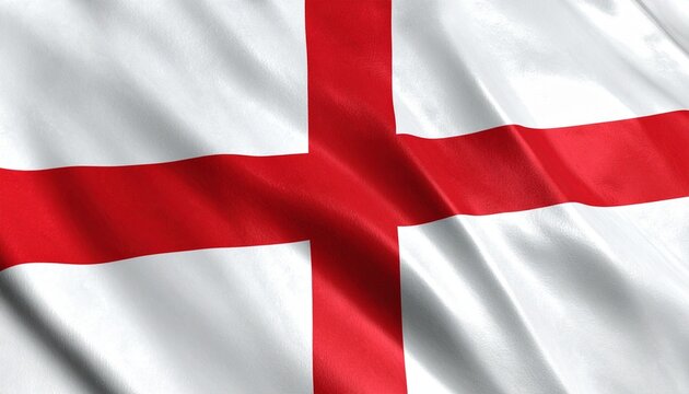 Flag of England with red Saint George’s cross on white fabric background, slightly wrinkled texture, symbol of English heritage and identity.