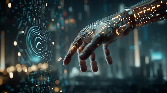 未来の都市を背景に、光と回路で構成された手が浮遊するサイバー空間 | Cyberspace with a Hand Made of Light and Circuits Floating against a Futuristic City Background
