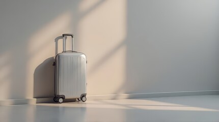 Silver Suitcase Against Wall in Sunlight