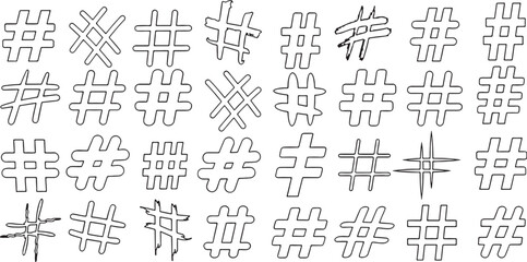 hashtag, symbol, icon, social media, internet, communication, tag, mark, number sign, pound sign, grid, outline, sketch, doodle, hand-drawn, graphic, design, element, collection, set, digital, online,