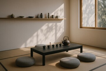 Japanese-inspired tatami room with black low table, floor cushions and tea set