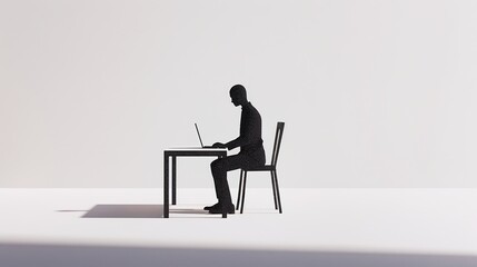 Minimalist 3D Avatar, White Background, Black Chair, Laptop Operation, Calm Focus, Electronic Devices, Modern Office, Study Mode, Concentration, Technology, Workspace.