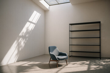 Minimalist interior with single blue armchair, black shelving unit and skylight window