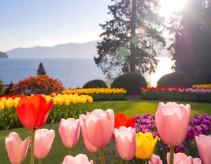 Vibrant spring flowers by a lake
