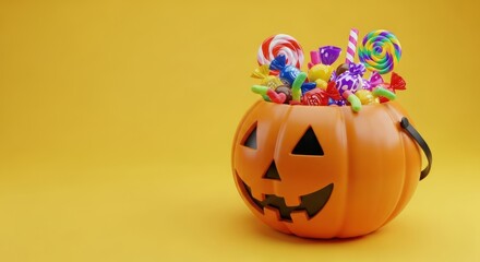 Joyful Halloween pumpkin bucket overflowing with colorful candies and sweet treats on a vibrant yellow background