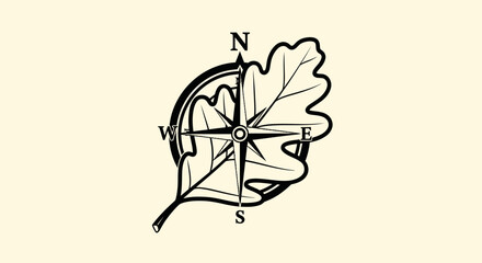 Hand drawn compass rose integrated with an oak leaf symbol.