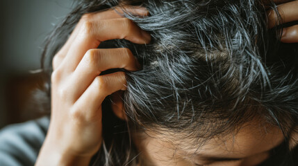 Obraz premium Struggling with hair issues, person gently scratches their scalp, showcasing texture and condition of their hair. scene conveys sense of concern and self care