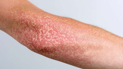 Skin condition on arm with red, inflamed patches possible eczema or dermatitis visible texture and irritation close up view healthcare and dermatology context