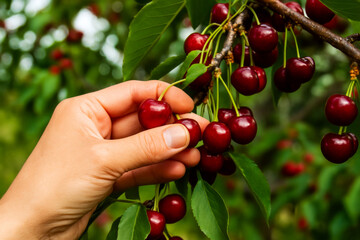 Obraz premium Farmer picking ripe cherries in orchard during harvest season