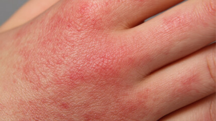 Fototapeta premium Red, inflamed skin on hand shows signs of irritation and possible skin condition. texture appears rough with visible redness, indicating discomfort or allergic reaction