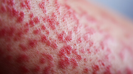 Skin condition with red spots and texture visible on surface, indicating irritation or dermatological issue. close up reveals fine hair and skin details, evoking sense of concern for health