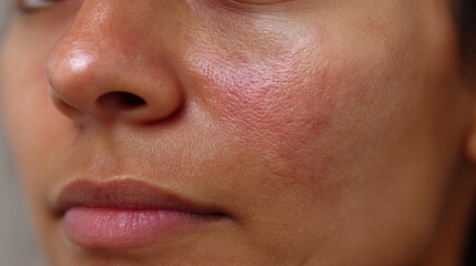 Smooth skin texture, close up of face showing natural beauty, highlighting skin imperfections and healthy complexion. image captures moment of self acceptance and confidence