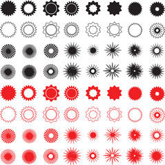 starburst, sunburst, shape, symbol, icon, design element, abstract, radial, jagged, outline, solid, black, red, circle, star, burst, explosion, flare, ray, pattern, graphic, set, collection, decorativ