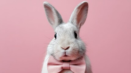 Fototapeta premium A cute white bunny wearing a pink bow tie poses against a vibrant pink background.