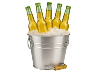 Metal bucket cooling five beer bottles with ice on transparent background