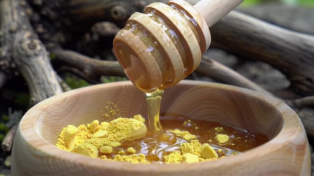 Close Up of Light Honey Being Poured into Wooden Bowl Filled with Bright Yellow Pollen on Rustic Background Organic Sweetener Concept Nutritional Supplement Concept for Health 198 Characters