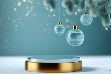Icy glamorous New Year’s podium on a frozen background with hanging icy crystal ornaments and frosted pine branches. Luxurious winter holiday scene. Product presentation, show cosmetic product.