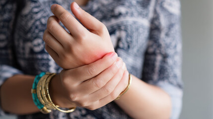 Person is holding their wrist with visible red mark, indicating discomfort or pain. individual is wearing multiple bracelets, adding touch of style to scene. background is softly blurred