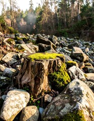 Forest floor strewn with rocks and a mossy stump