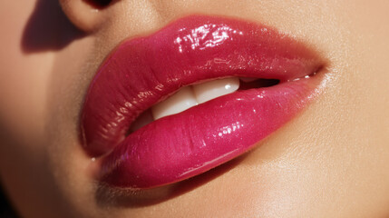 Glossy, vibrant lips showcase rich pink hue, reflecting light beautifully. close up emphasizes smooth texture and healthy appearance, evoking sense of allure and confidence