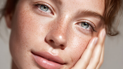 Close up portrait of young woman with clear skin and freckles, showcasing her natural beauty and expressive blue eyes. soft lighting highlights her features, creating serene and inviting