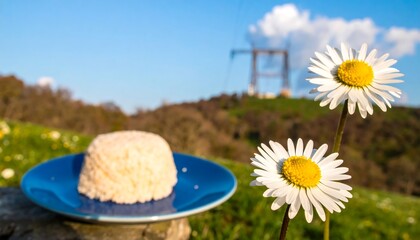 A dish of rice in a blue plate, with daisies in the foreground and a scenic background